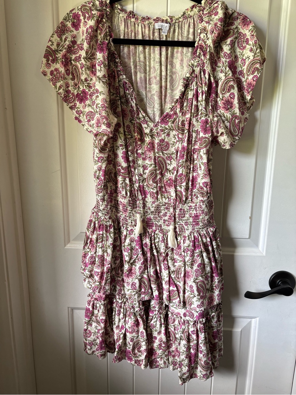 Pink Floral Paisley Ruffle Tiered Summer Dress in Cream and Pink